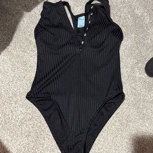 Shade & Shore Black Ribbed Snap-Front One-Piece Swimsuit